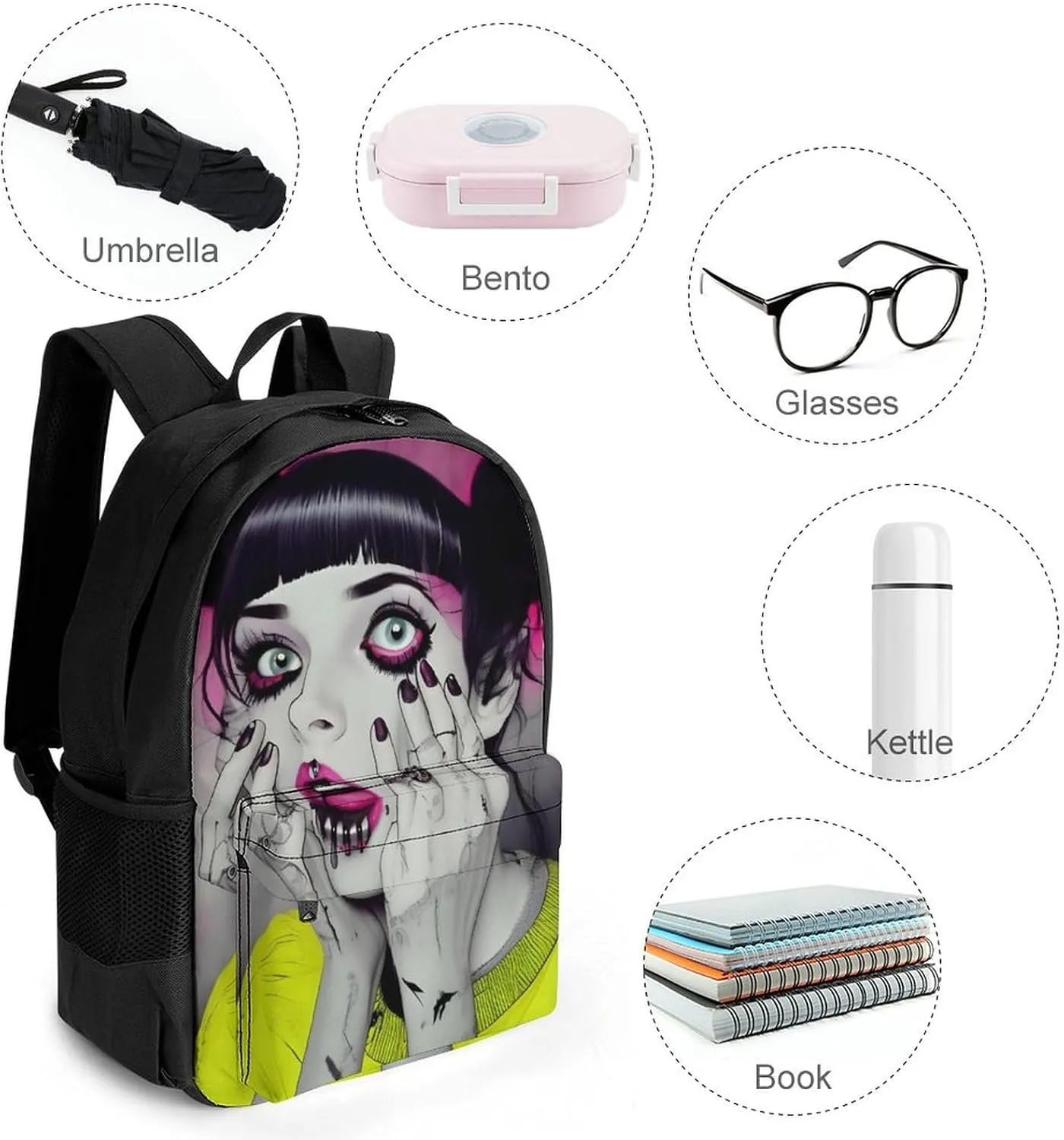 Goth Gothic Weird Art Shoulder Book Bags Polyester Multipurpose Anti-Theft Carry On Bag Large Capacity Travel Hiking & Camping Rucksack