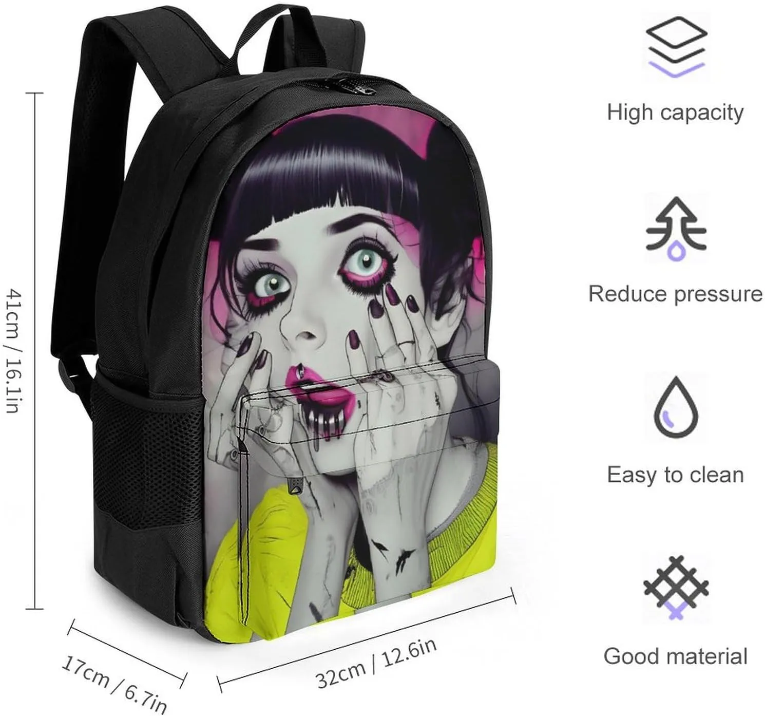 Goth Gothic Weird Art Shoulder Book Bags Polyester Multipurpose Anti-Theft Carry On Bag Large Capacity Travel Hiking & Camping Rucksack