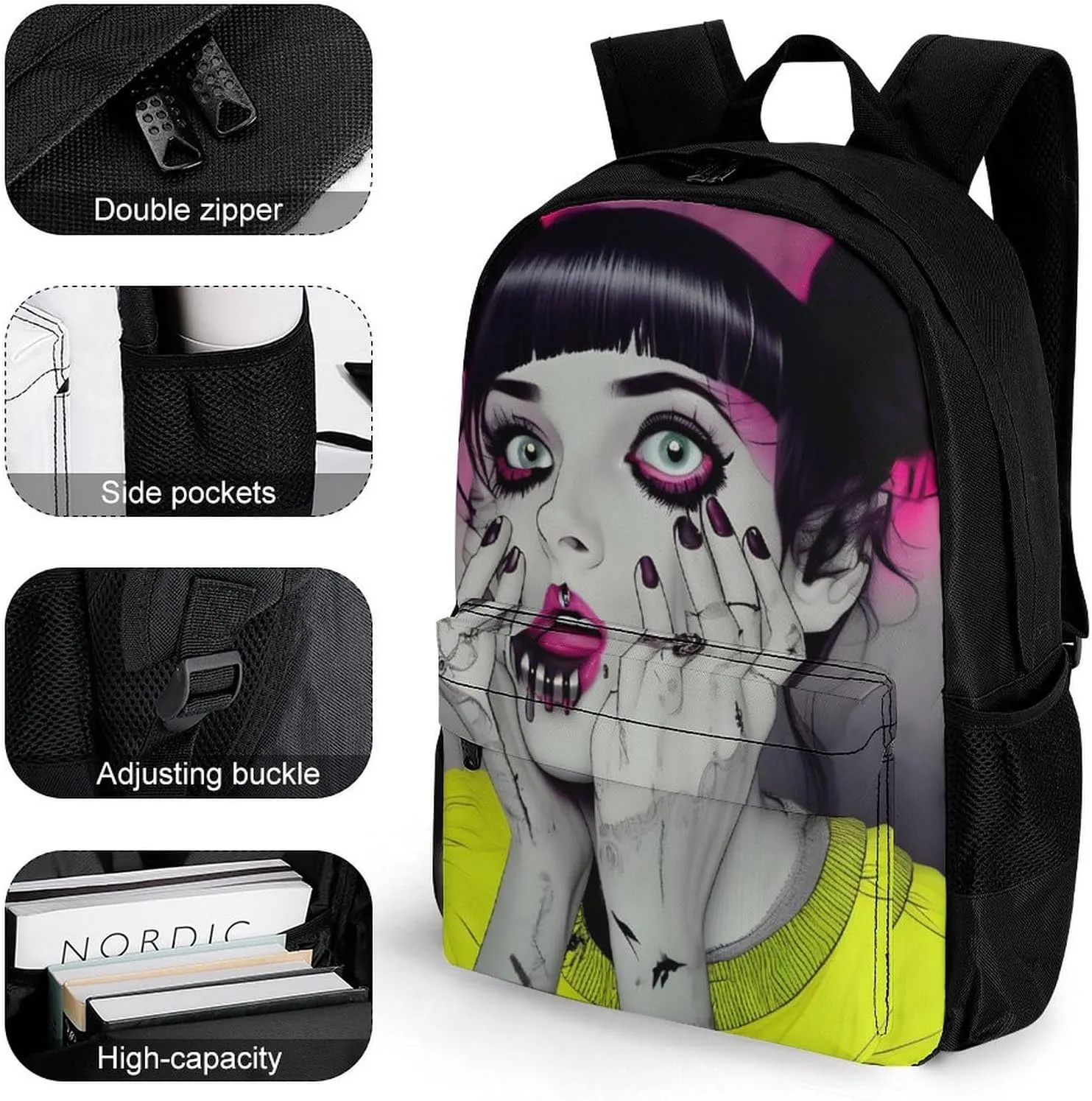 Goth Gothic Weird Art Shoulder Book Bags Polyester Multipurpose Anti-Theft Carry On Bag Large Capacity Travel Hiking & Camping Rucksack