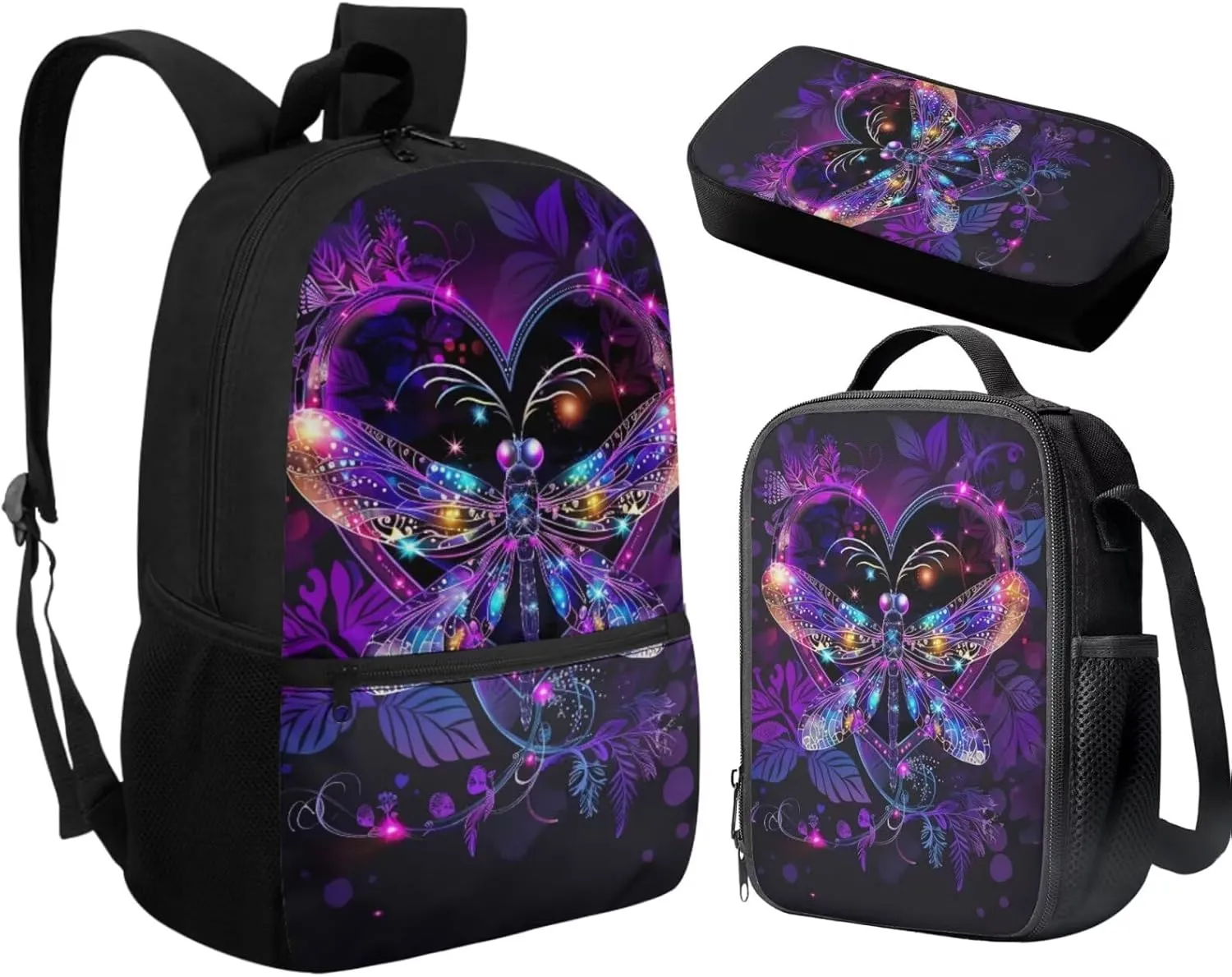 Heart Dragonfly Backpacks Set for Teenage Girls Teen Student Bookbag Cute School Bags with Insulated Lunch Bag Pencil Case 3 pcs/set