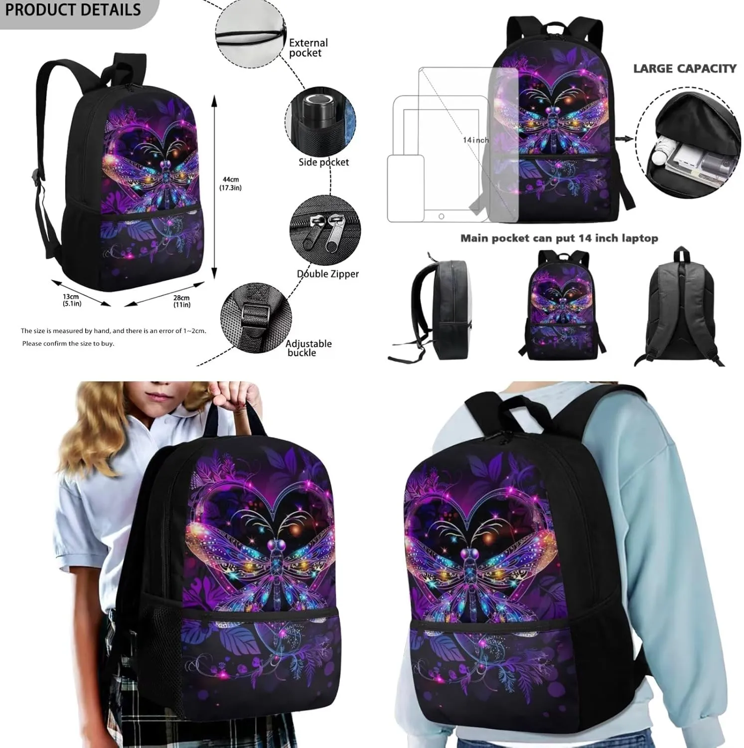 Heart Dragonfly Backpacks Set for Teenage Girls Teen Student Bookbag Cute School Bags with Insulated Lunch Bag Pencil Case 3 pcs/set