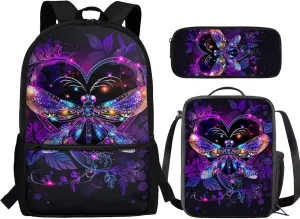 Heart Dragonfly Backpacks Set for Teenage Girls Teen Student Bookbag Cute School Bags with Insulated Lunch Bag Pencil Case 3 pcs/set