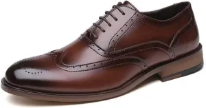 HOOENG Formal Shoes for Men Lace Up Burnished Toe Wing Tip Brogue Vegan Leather Rubber Sole Low Top Anti-Slip Prom (Color : Brown, Size : 9)