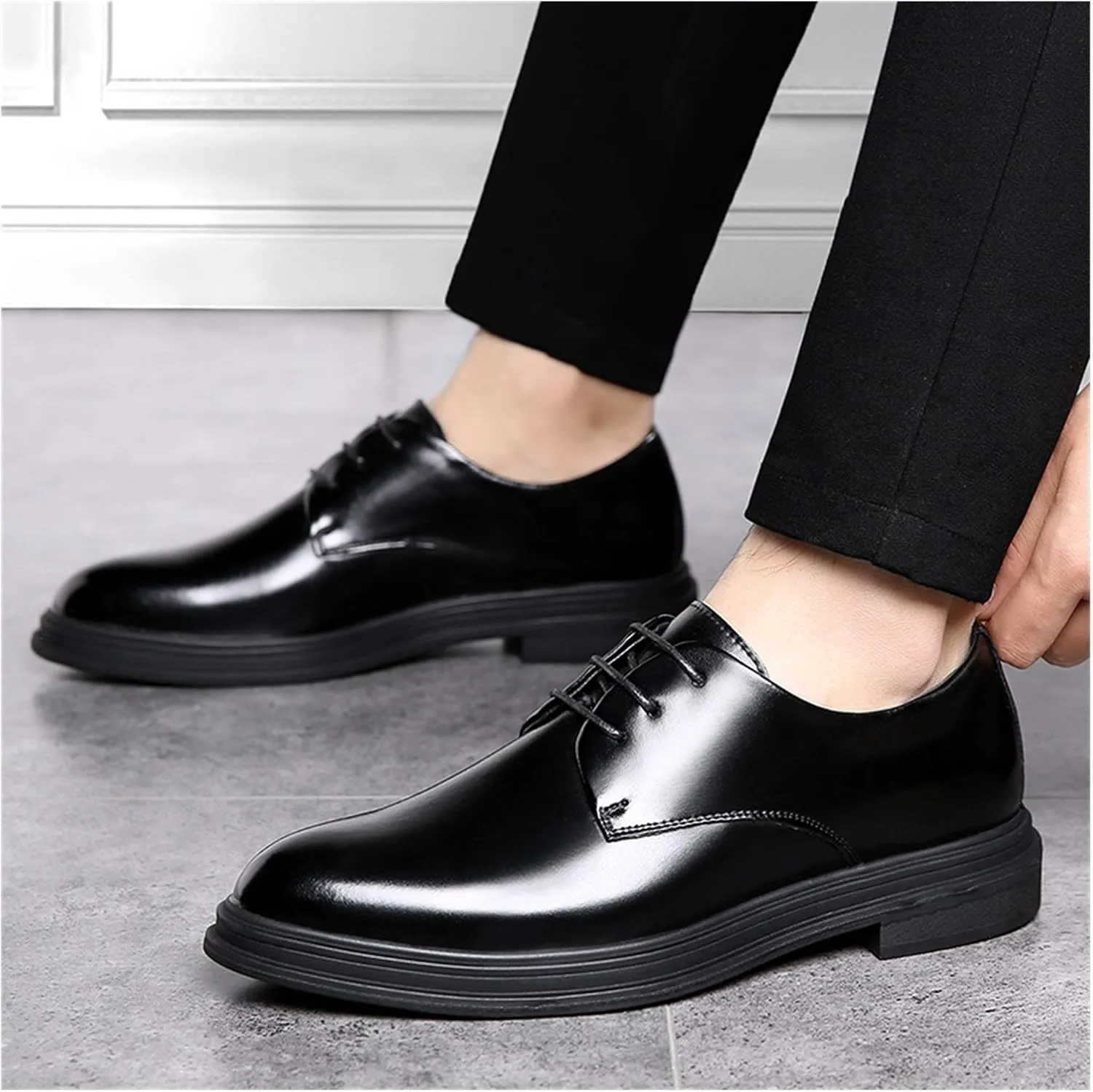 HOOENG Oxford Shoes for Men Lace Up Derby Shoes Round Toe Vegan Leather Low Top Non Slip Rubber Sole Slip Resistant Prom