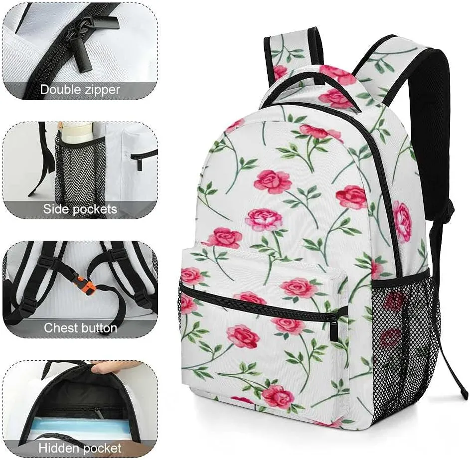 Kuizee Travel Laptop Backpack Business Daypack Work Bookbag Gentle Little Pink Roses Durable iPad Tablet School College Book Bags Casual Bags for Men and Women