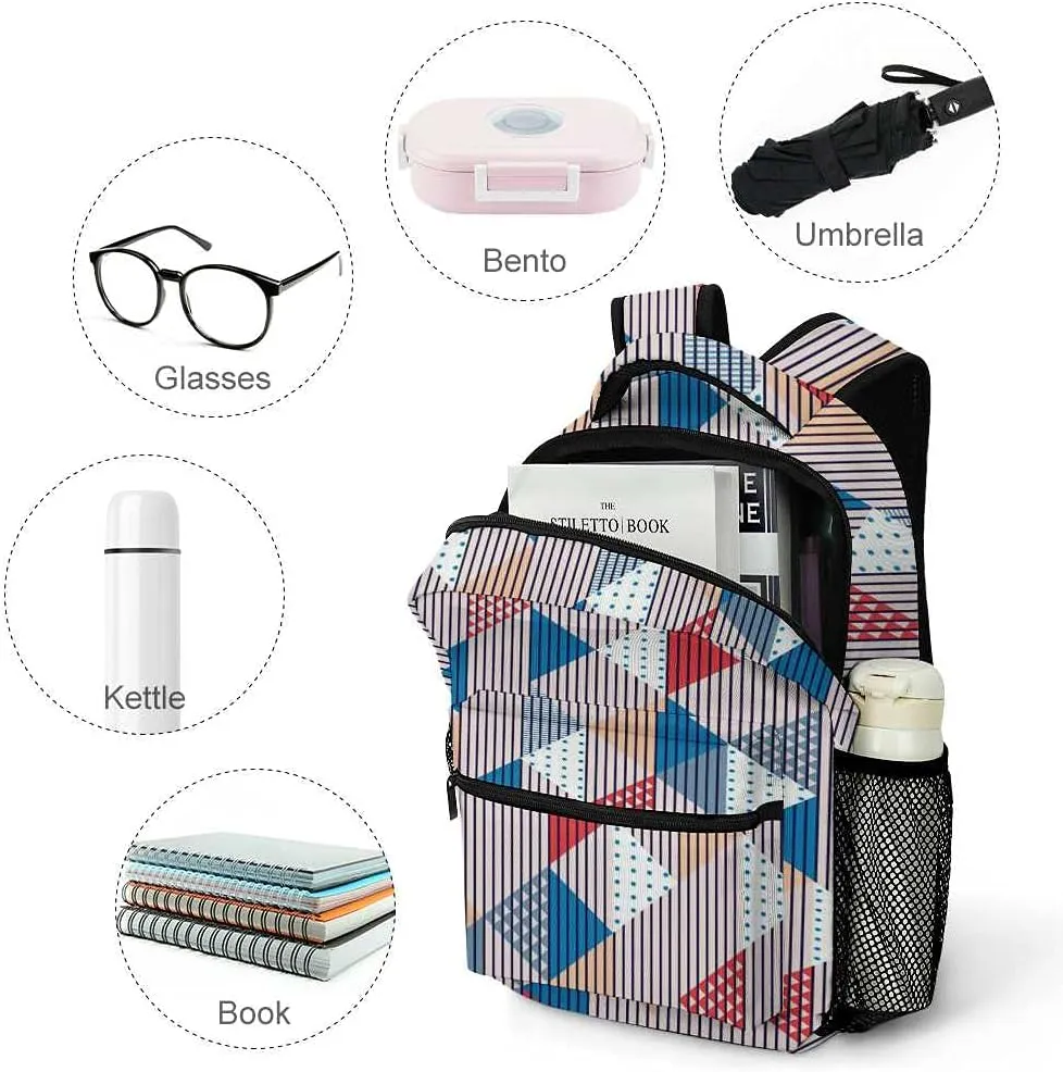 Kuizee Travel Laptop Backpack Business Daypack Work Bookbag Geometric Triangles Vertical Patterns Multicolor Durable iPad Tablet School College Book Bags Casual Bags for Men and Women