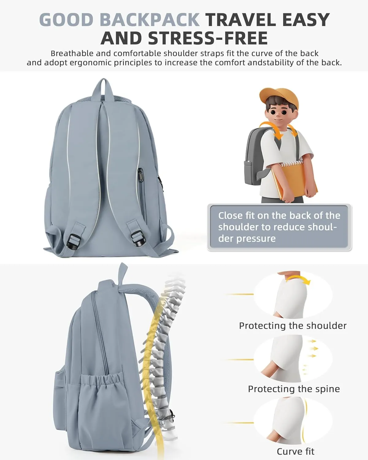 Lightweight School Backpack for Women Men, Laptop Travel Casual Daypack College Secondary School Bags Bookbag for Teenage Girls Boys, Blue