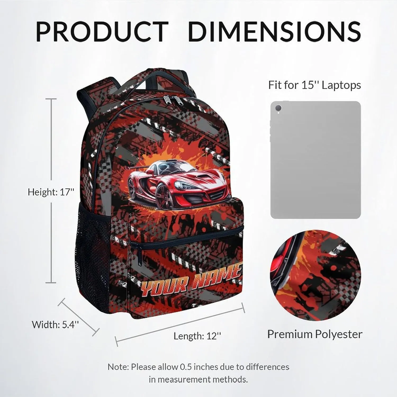 Mercuryelf Backpack for Boys - 17 Inch Bookbag for Primary Middle - Custom Cool Racing Car Backpacks - Children's School Bag