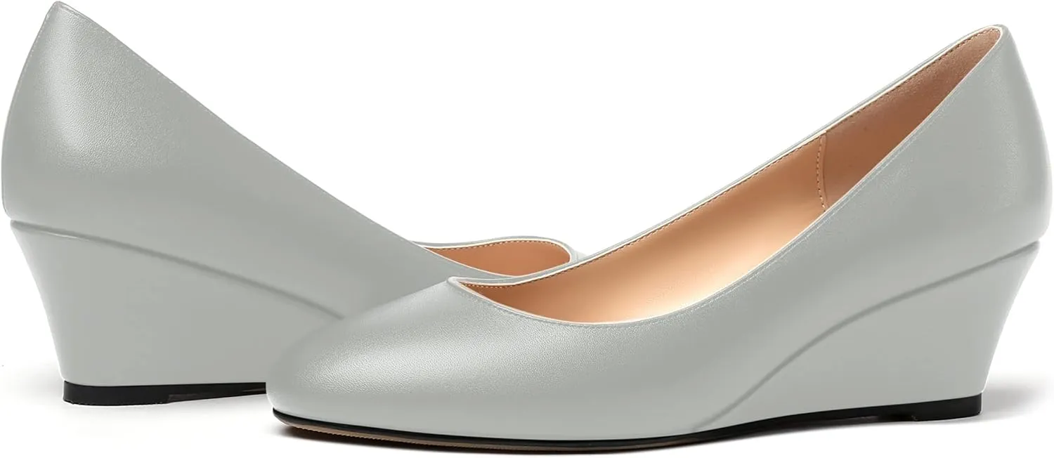 MERRORI Womens Solid Matte Casual Slip On Round Toe Work Wedge Low Heel Pumps Shoes 2 Inch