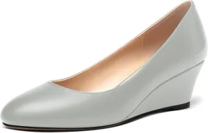 MERRORI Womens Solid Matte Casual Slip On Round Toe Work Wedge Low Heel Pumps Shoes 2 Inch