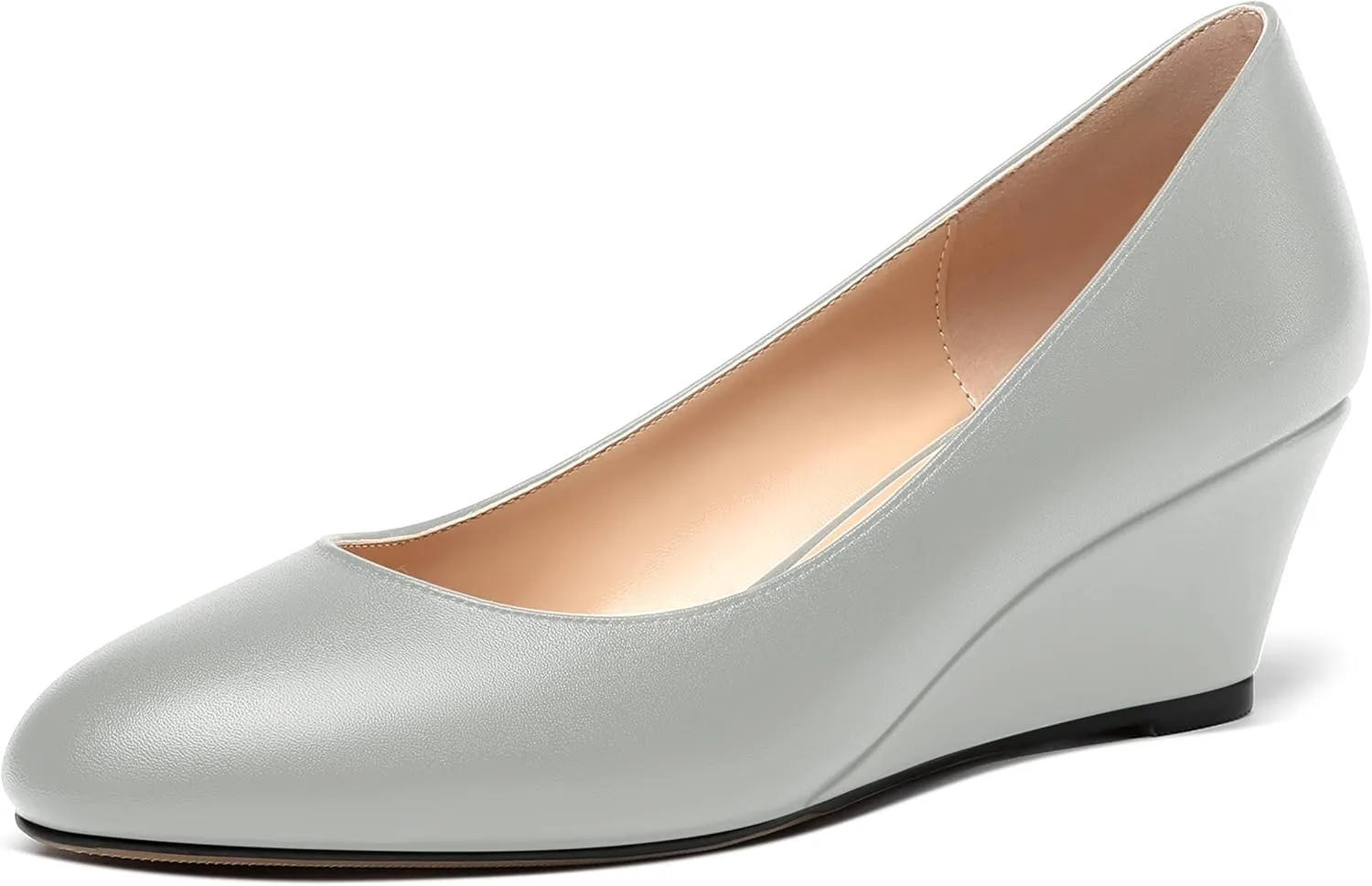 MERRORI Womens Solid Matte Casual Slip On Round Toe Work Wedge Low Heel Pumps Shoes 2 Inch