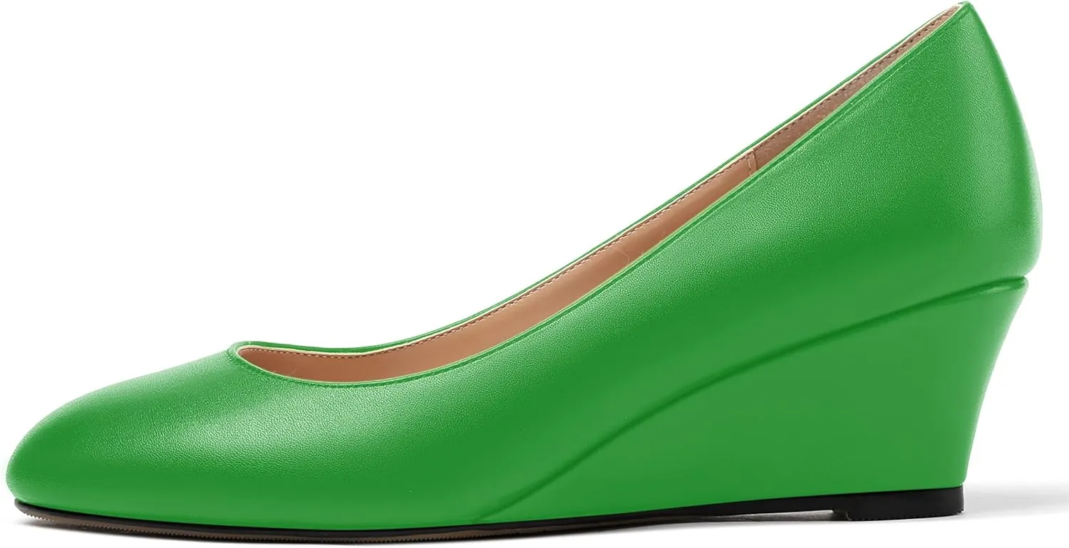 MERRORI Womens Solid Matte Casual Slip On Round Toe Work Wedge Low Heel Pumps Shoes 2 Inch