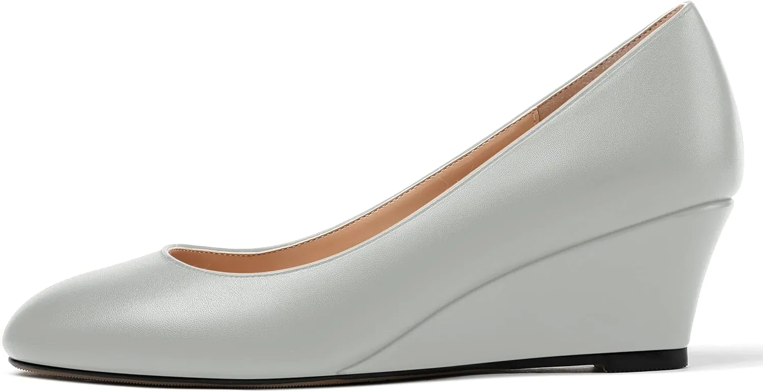 MERRORI Womens Solid Matte Casual Slip On Round Toe Work Wedge Low Heel Pumps Shoes 2 Inch