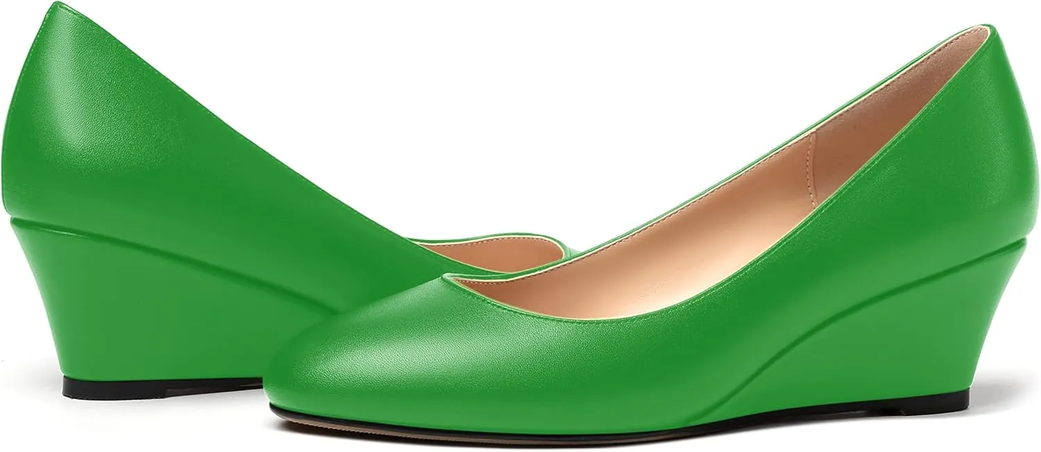 MERRORI Womens Solid Matte Casual Slip On Round Toe Work Wedge Low Heel Pumps Shoes 2 Inch