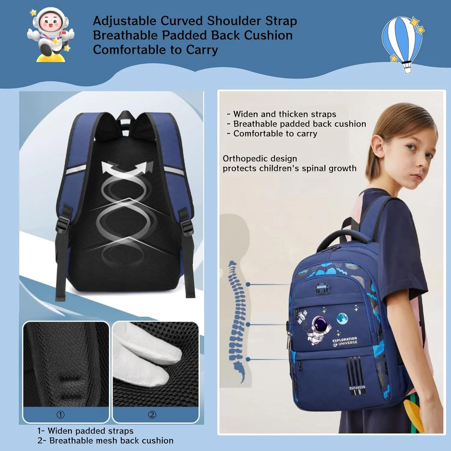 MITOWERMI Astronaut Backpack for Boys School Bags Space Kids Backpack for School Elementary Book Bags Girls Lightweight Travel Back Packs Blue