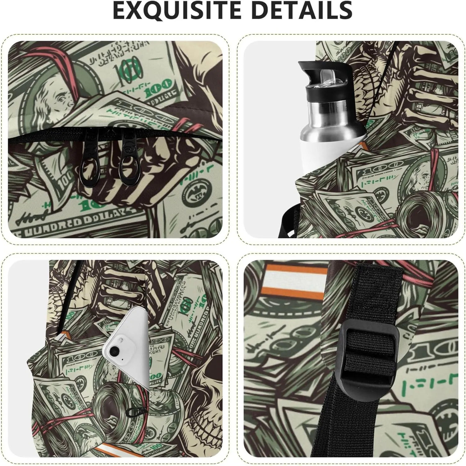 Money Dollar Skulls Laptop Backpack Travel Hiking Camping Work Computer Back Packs Book Bags for Women Men