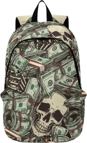 Money Dollar Skulls Laptop Backpack Travel Hiking Camping Work Computer Back Packs Book Bags for Women Men