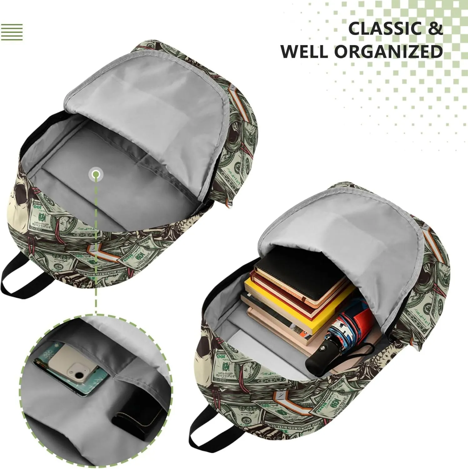 Money Dollar Skulls Laptop Backpack Travel Hiking Camping Work Computer Back Packs Book Bags for Women Men