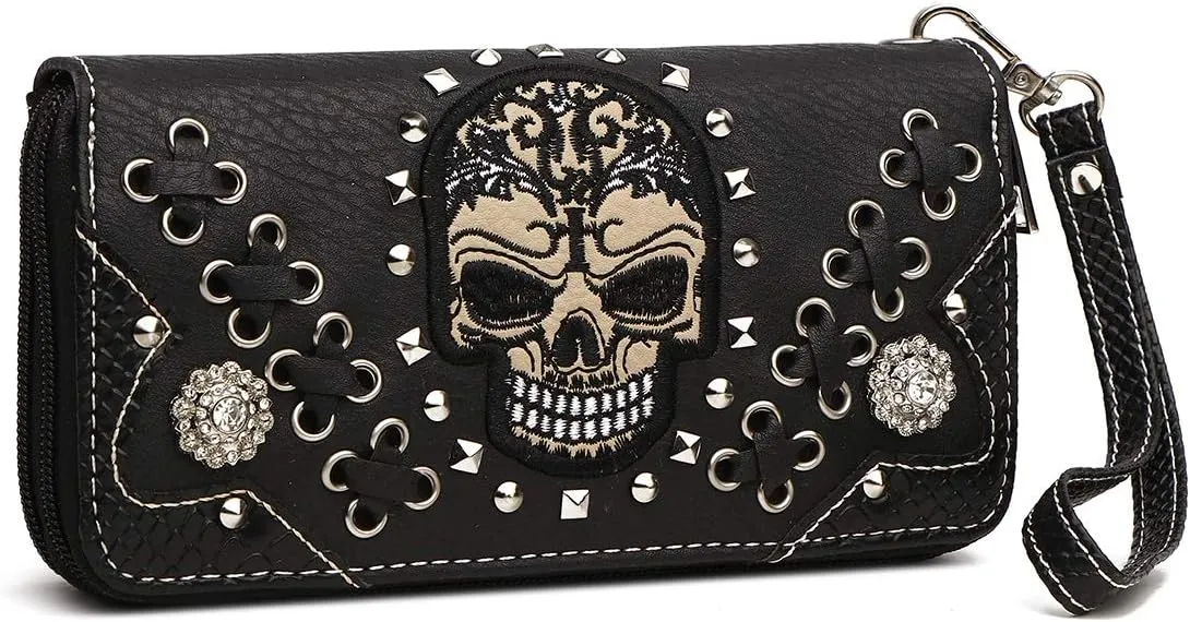 Punk Studs Gothic Skull Chain Art Rivet Buckle Studded Women Wallet Day of the Dead Zipper Wristlet Purse
