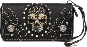 Punk Studs Gothic Skull Chain Art Rivet Buckle Studded Women Wallet Day of the Dead Zipper Wristlet Purse