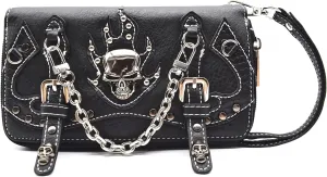 Punk Studs Gothic Skull Chain Art Rivet Buckle Studded Women Wallet Day of the Dead Zipper Wristlet Purse