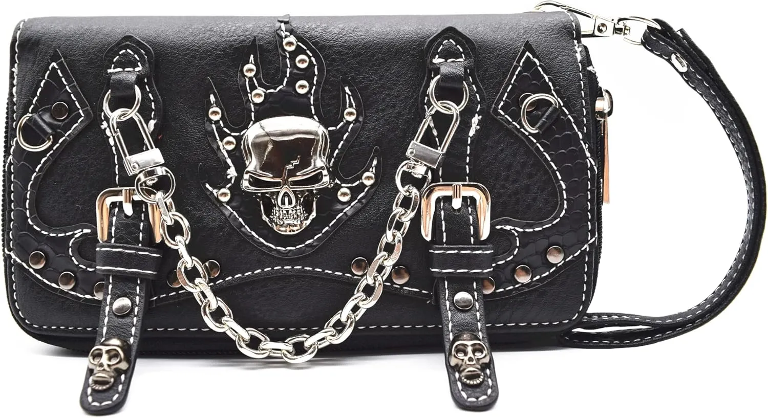 Punk Studs Gothic Skull Chain Art Rivet Buckle Studded Women Wallet Day of the Dead Zipper Wristlet Purse