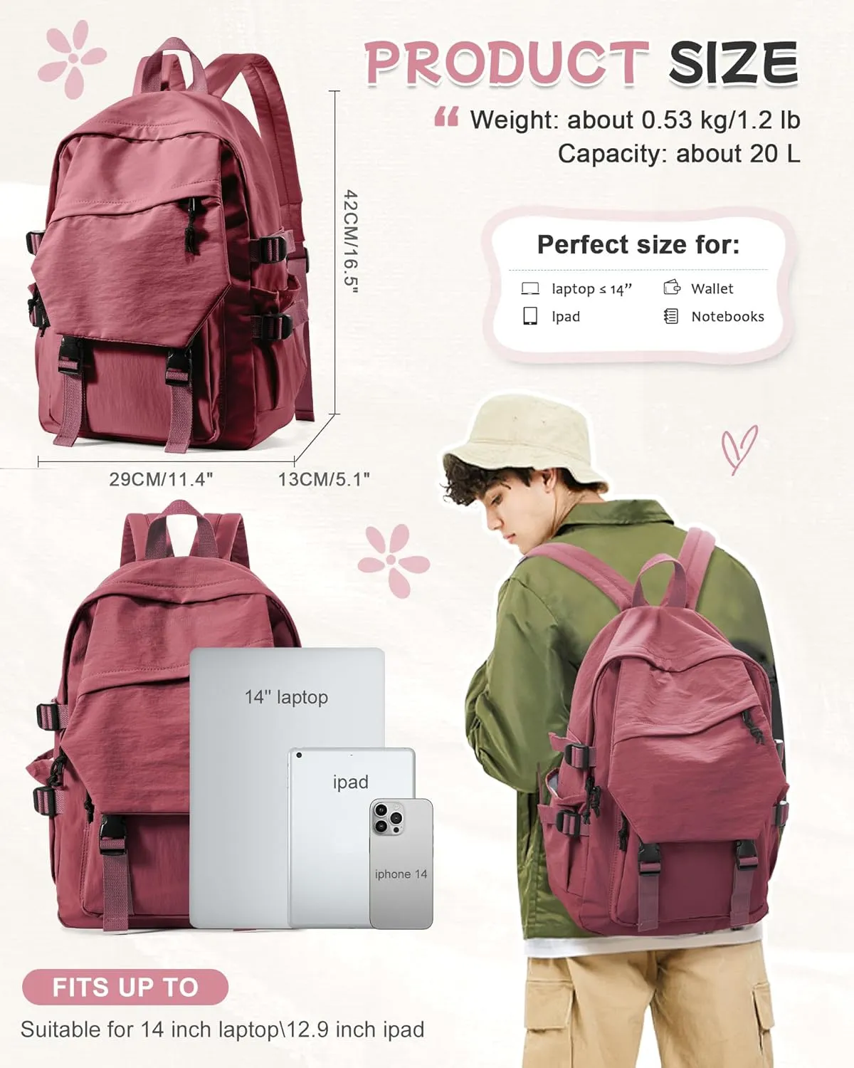 Red School Backpack for Girls Boys,Waterproof Bookbag for Women Men, Mini College Student School Bag, Lightweight Travel Rucksack Casual Daypack, Laptop Backpacks