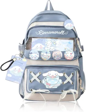 Roffatide Anime Cinnamoroll Kawaii Backpack with 21Pcs Accessories Cartoon Travel Aesthetic New Semester Gifts Bag with Cute Pins Anti-Theft Laptop Backpack Travel Hiking Daypacks Rucksack Blue
