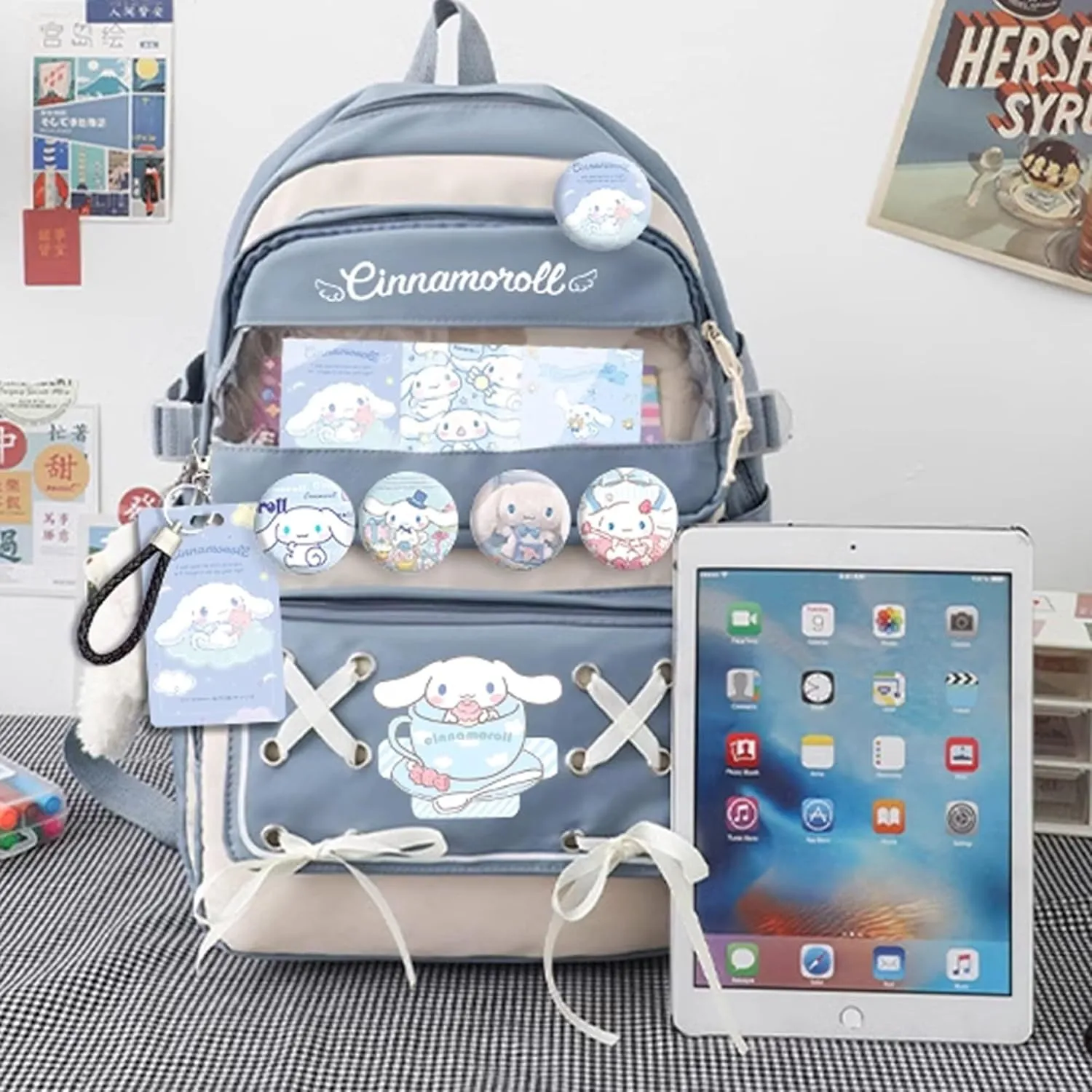 Roffatide Anime Cinnamoroll Kawaii Backpack with 21Pcs Accessories Cartoon Travel Aesthetic New Semester Gifts Bag with Cute Pins Anti-Theft Laptop Backpack Travel Hiking Daypacks Rucksack Blue
