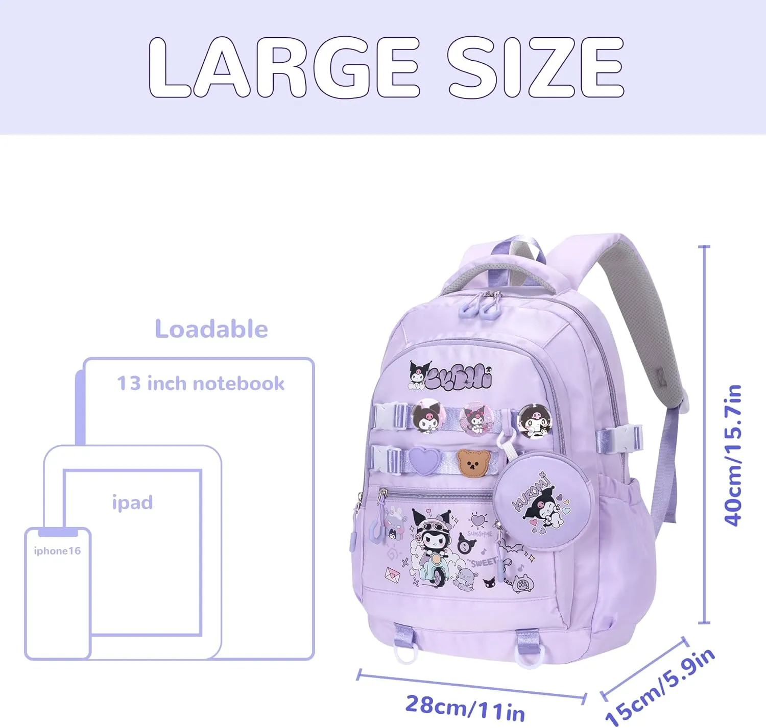 Roffatide Anime Kawaii Backpack with 12 Pcs Accessories Cartoon Travel Aesthetic New Semester Gifts Bag with Cute Pins Anti-Theft Laptop Backpack Travel Hiking Daypacks Rucksack Purple