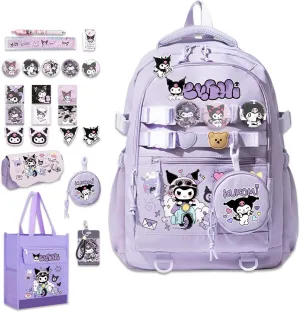 Roffatide Anime Kawaii Backpack with 12 Pcs Accessories Cartoon Travel Aesthetic New Semester Gifts Bag with Cute Pins Anti-Theft Laptop Backpack Travel Hiking Daypacks Rucksack Purple