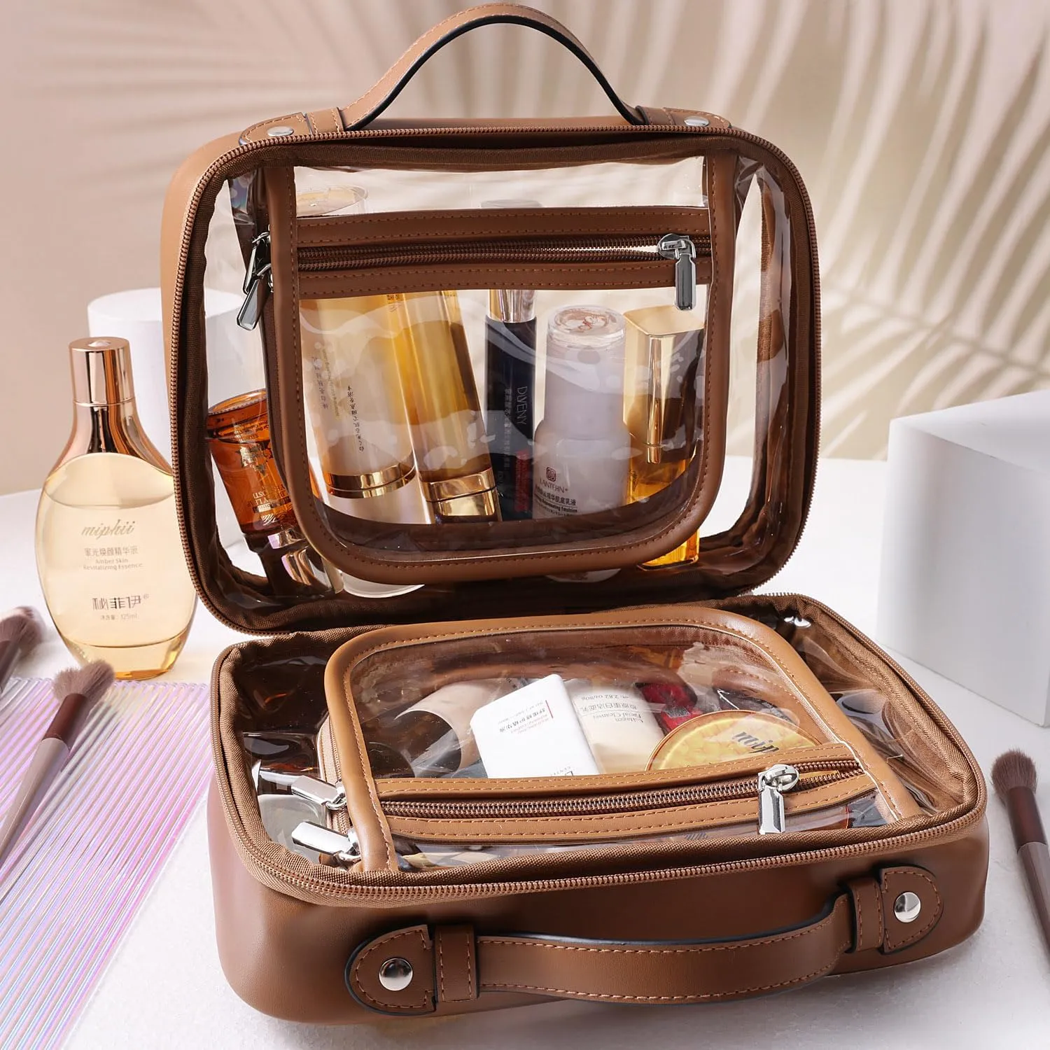 SANHECUN traveling toiletry Case large clear cosmetics case makeup bag Dimensions | LxWxH:10 x 4.5 x 8(Brown, Medium)