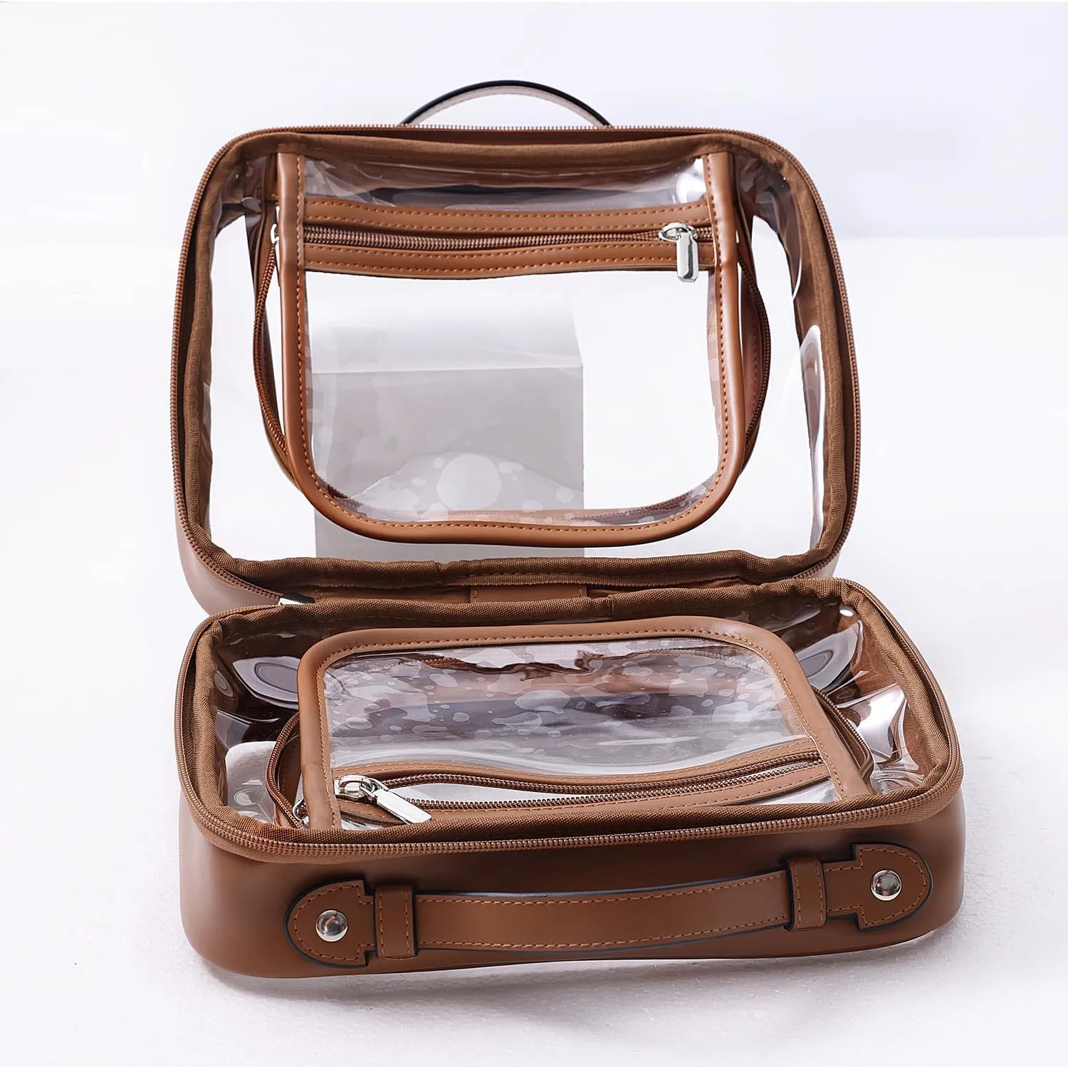 SANHECUN traveling toiletry Case large clear cosmetics case makeup bag Dimensions | LxWxH:10 x 4.5 x 8(Brown, Medium)