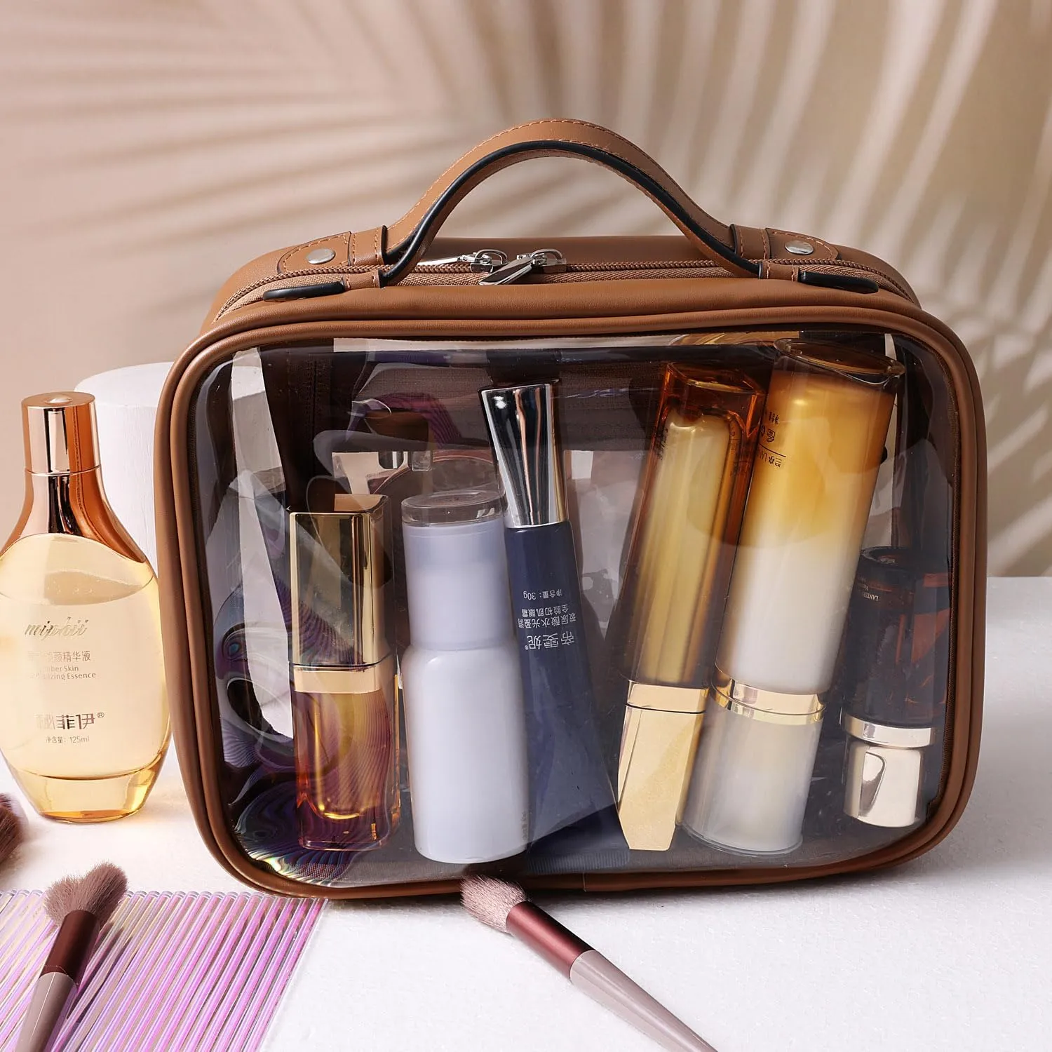 SANHECUN traveling toiletry Case large clear cosmetics case makeup bag Dimensions | LxWxH:10 x 4.5 x 8(Brown, Medium)