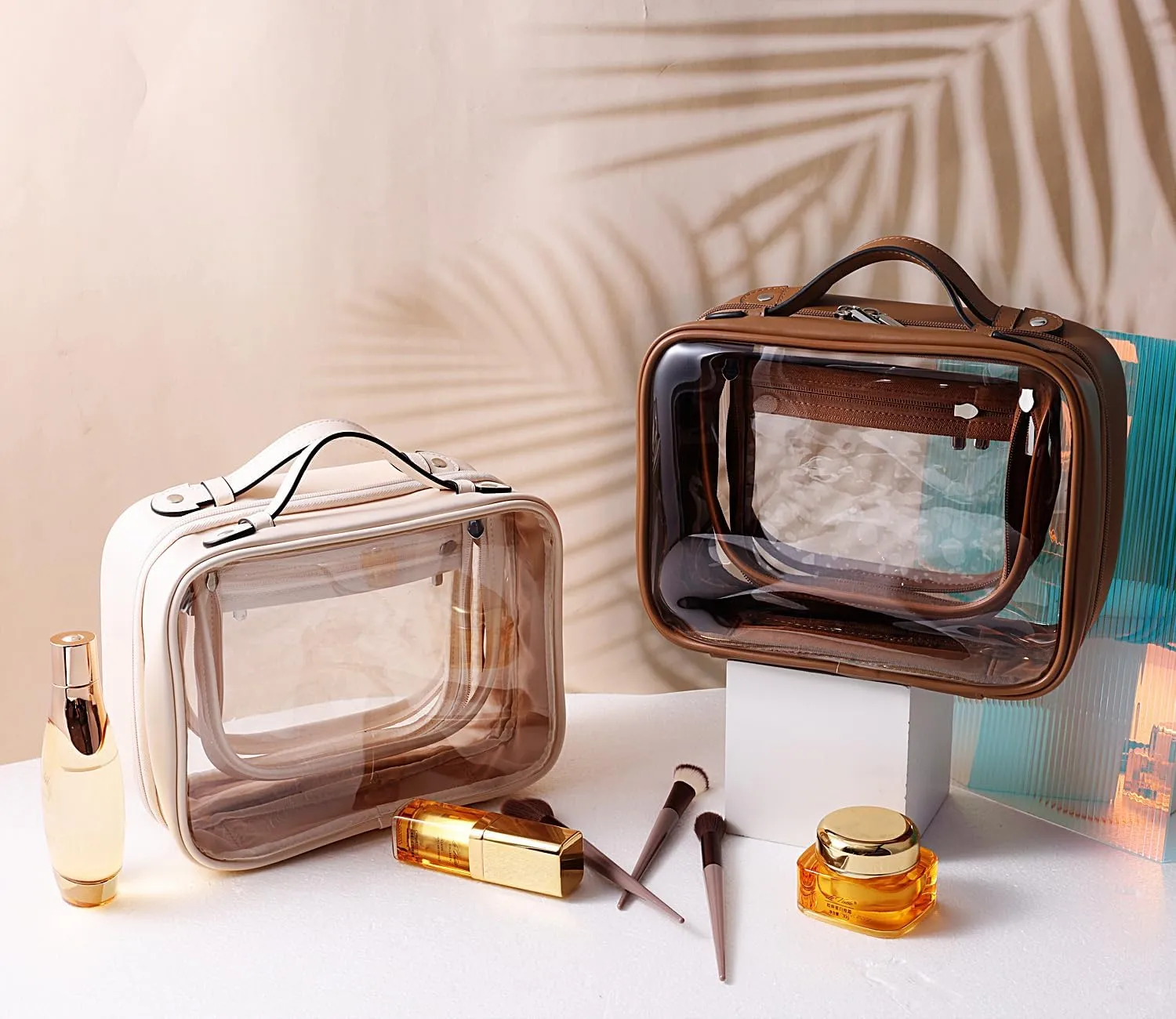 SANHECUN traveling toiletry Case large clear cosmetics case makeup bag Dimensions | LxWxH:10 x 4.5 x 8(Brown, Medium)