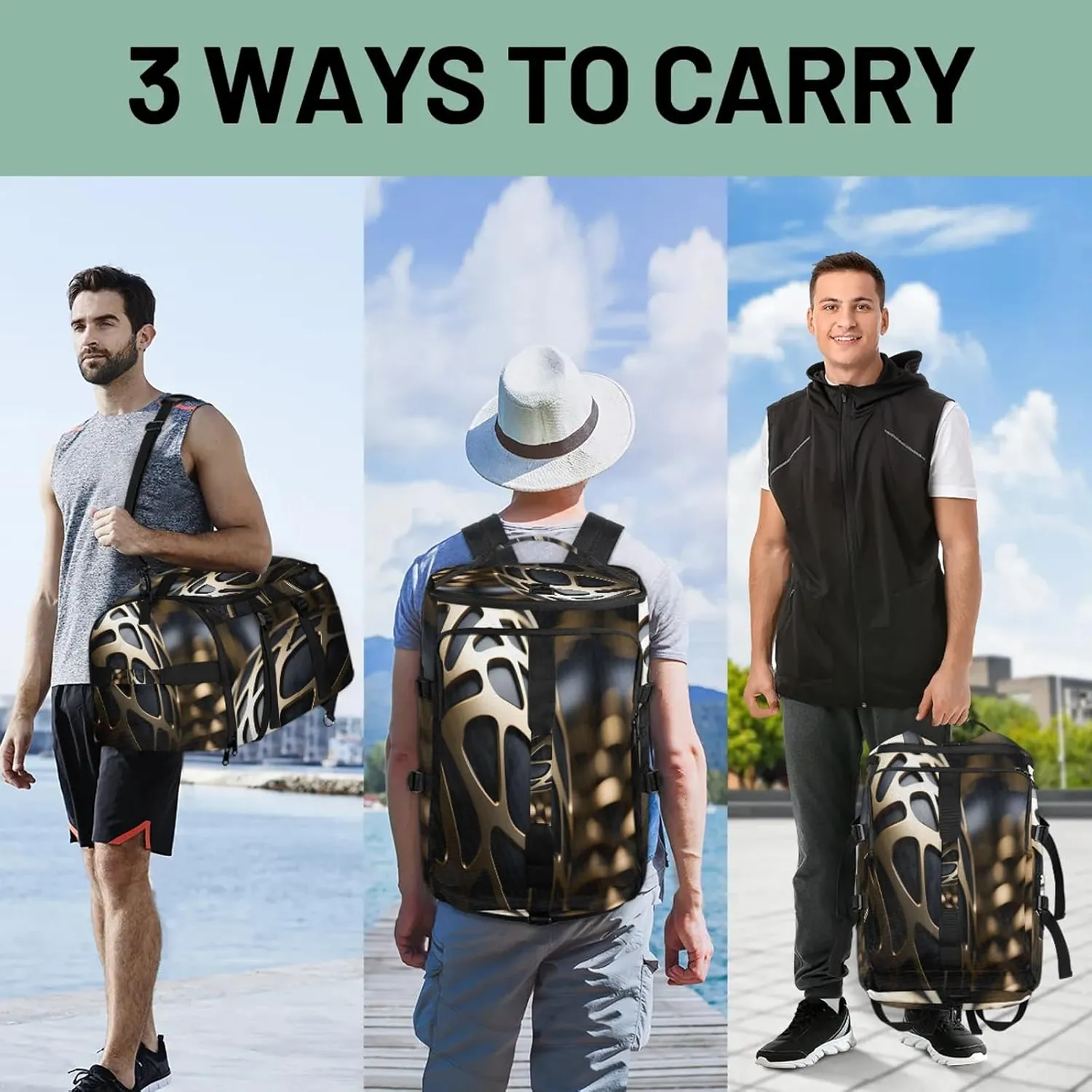 Soccer Ball Black Gym Bags for Men Women Sports Backpack with Shoe Compartment 3-in-1 Tactical Duffle Bag for Overnight Weekender Travel