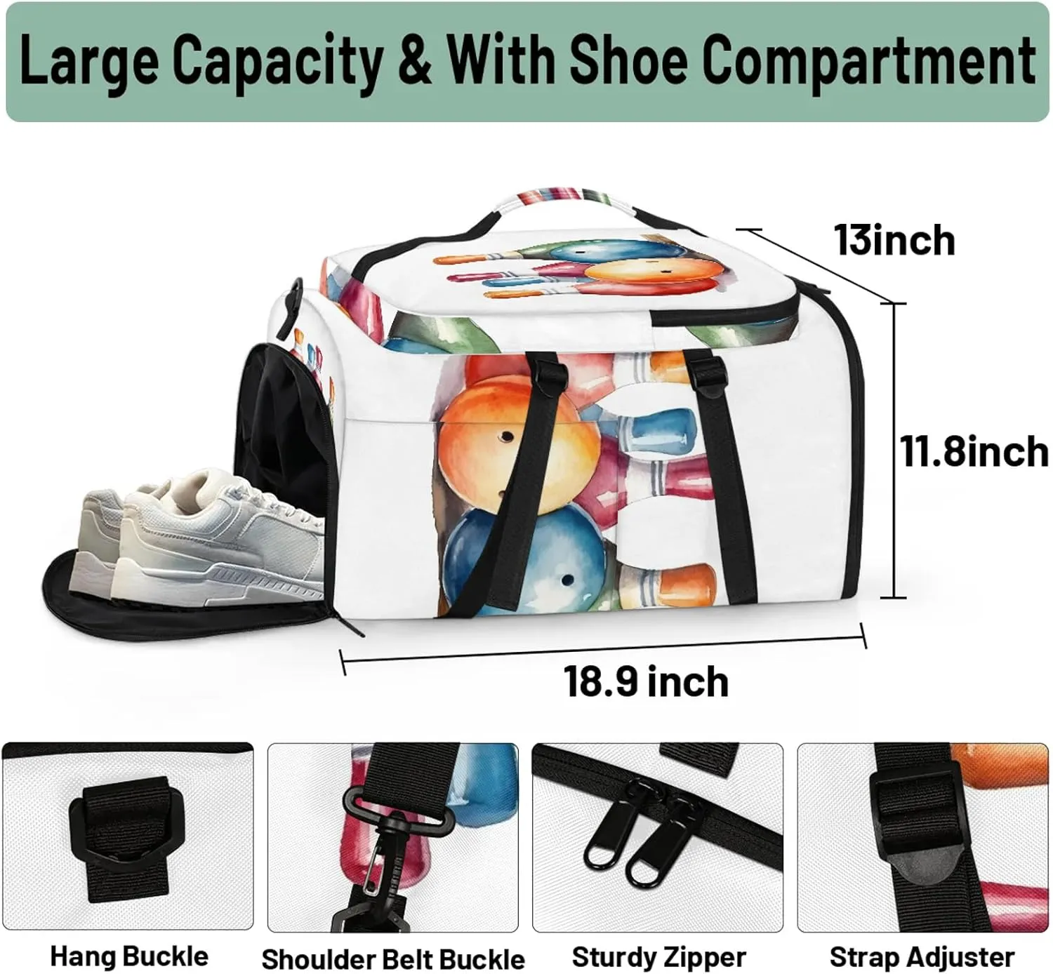 Sport Bowling Ball Gym Bags for Men Women Sports Backpack with Shoe Compartment 3-in-1 Tactical Duffle Bag for Overnight Weekender Travel