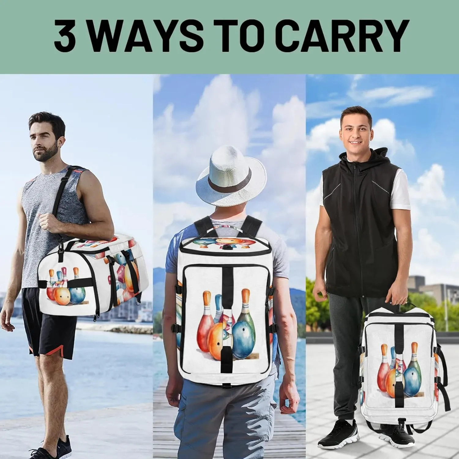 Sport Bowling Ball Gym Bags for Men Women Sports Backpack with Shoe Compartment 3-in-1 Tactical Duffle Bag for Overnight Weekender Travel