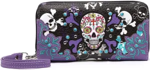 Sugar Skull Western Cross Clutch Wallet Day of the Dead Wristlet Purse Calavera