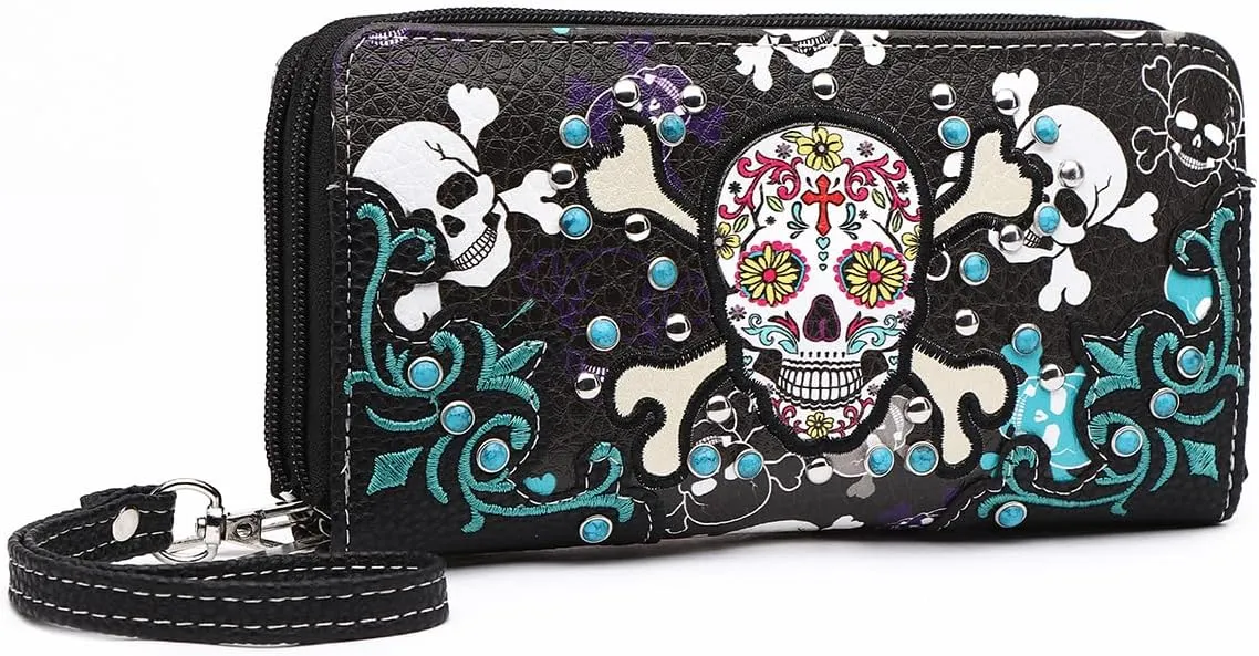 Sugar Skull Western Cross Clutch Wallet Day of the Dead Wristlet Purse Calavera