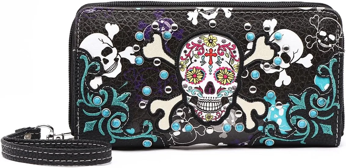 Sugar Skull Western Cross Clutch Wallet Day of the Dead Wristlet Purse Calavera