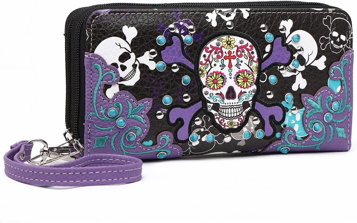 Sugar Skull Western Cross Clutch Wallet Day of the Dead Wristlet Purse Calavera