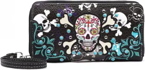 Sugar Skull Western Cross Clutch Wallet Day of the Dead Wristlet Purse Calavera