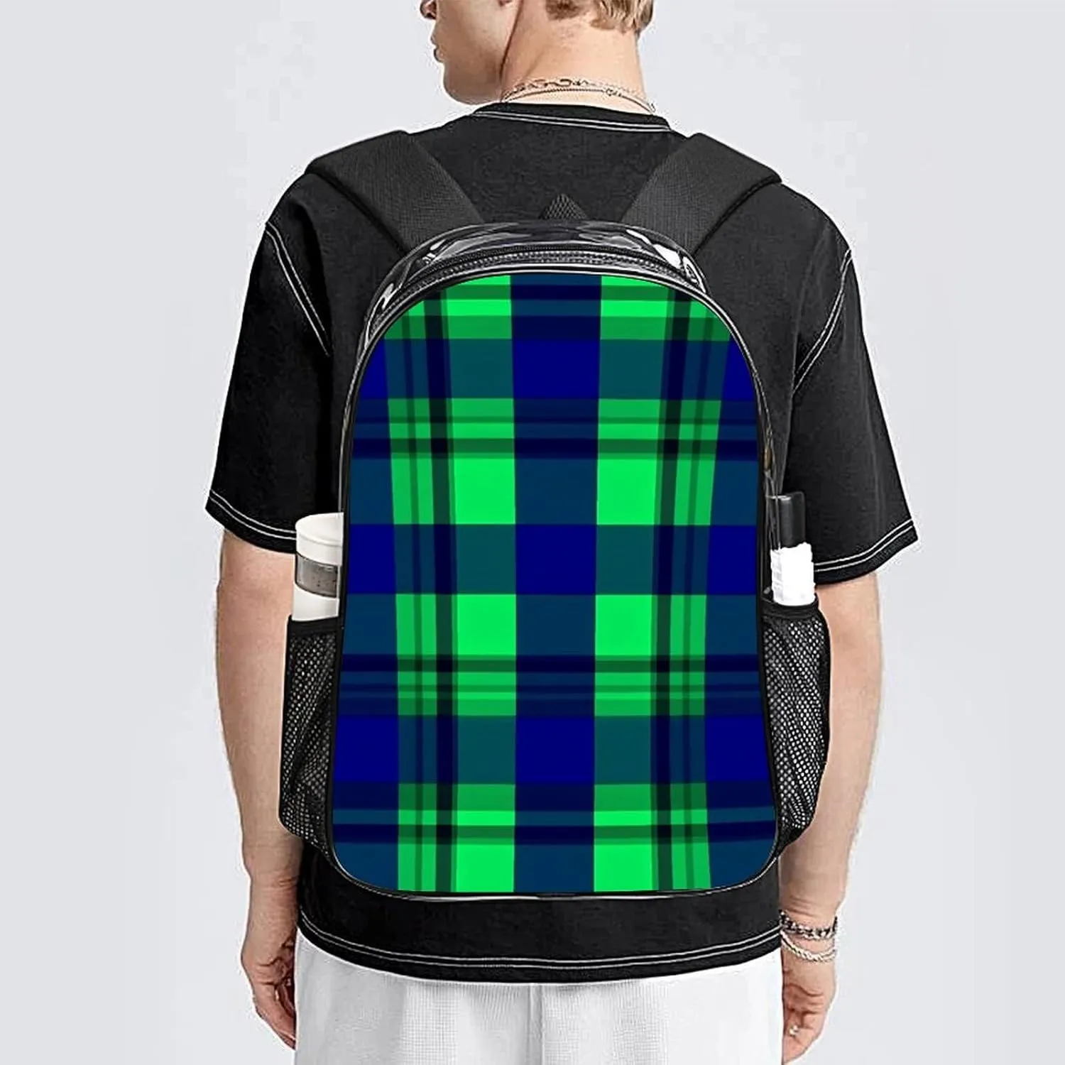 Supdreamc Blue Green Scottish Tartan Plaid Shoulder Book Bags Transparent Multipurpose Anti-Theft Carry On Bag Large Capacity Travel Hiking & Camping Rucksack