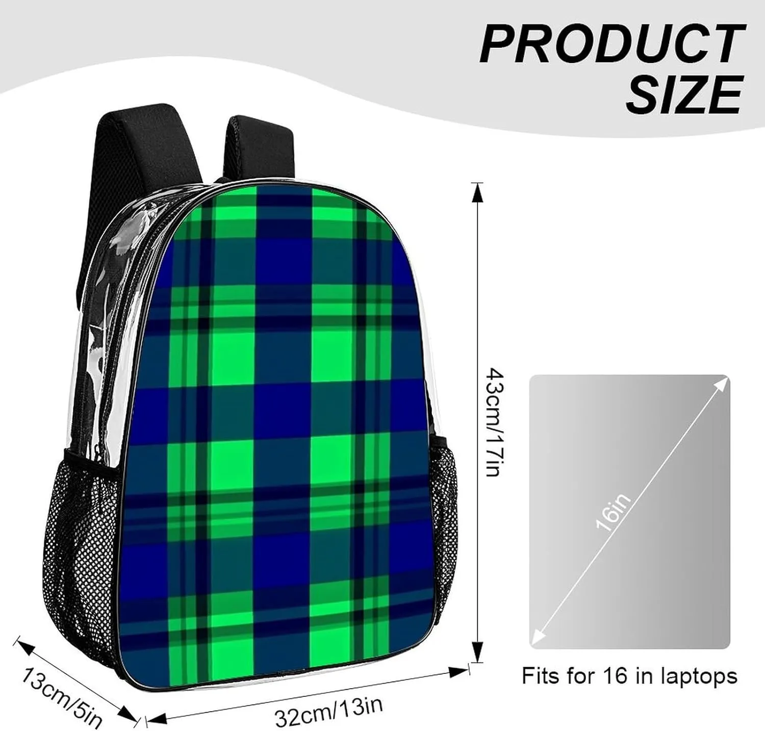 Supdreamc Blue Green Scottish Tartan Plaid Shoulder Book Bags Transparent Multipurpose Anti-Theft Carry On Bag Large Capacity Travel Hiking & Camping Rucksack
