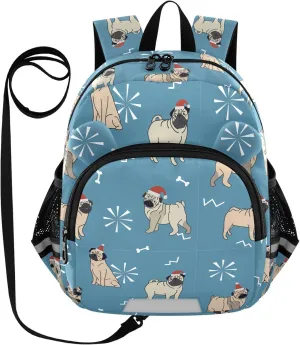 Toddler Backpack for Girls Boys Blue Christmas Pug Dogs Kids Small Backpacks Mini Preschool Kindergarten Travel Backpack Book Bags, 3-6 Years