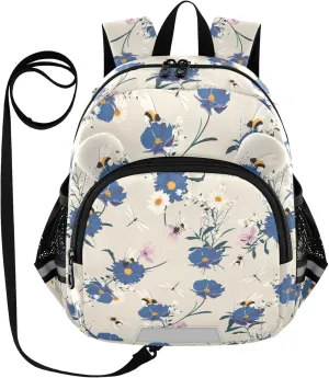 Toddler Backpack for Girls Boys Blue Flower Bees Kids Small Backpacks Mini Preschool Kindergarten Travel Backpack Book Bags, 3-6 Years