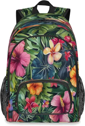 Tropical Palm Leaf Hibiscus Large Capacity Backpack, 18 Inch Multi Pocket Laptop iPad Tablet Backpacks Business Travel Hiking Daypack Casual Rucksack for Women Men Gifts