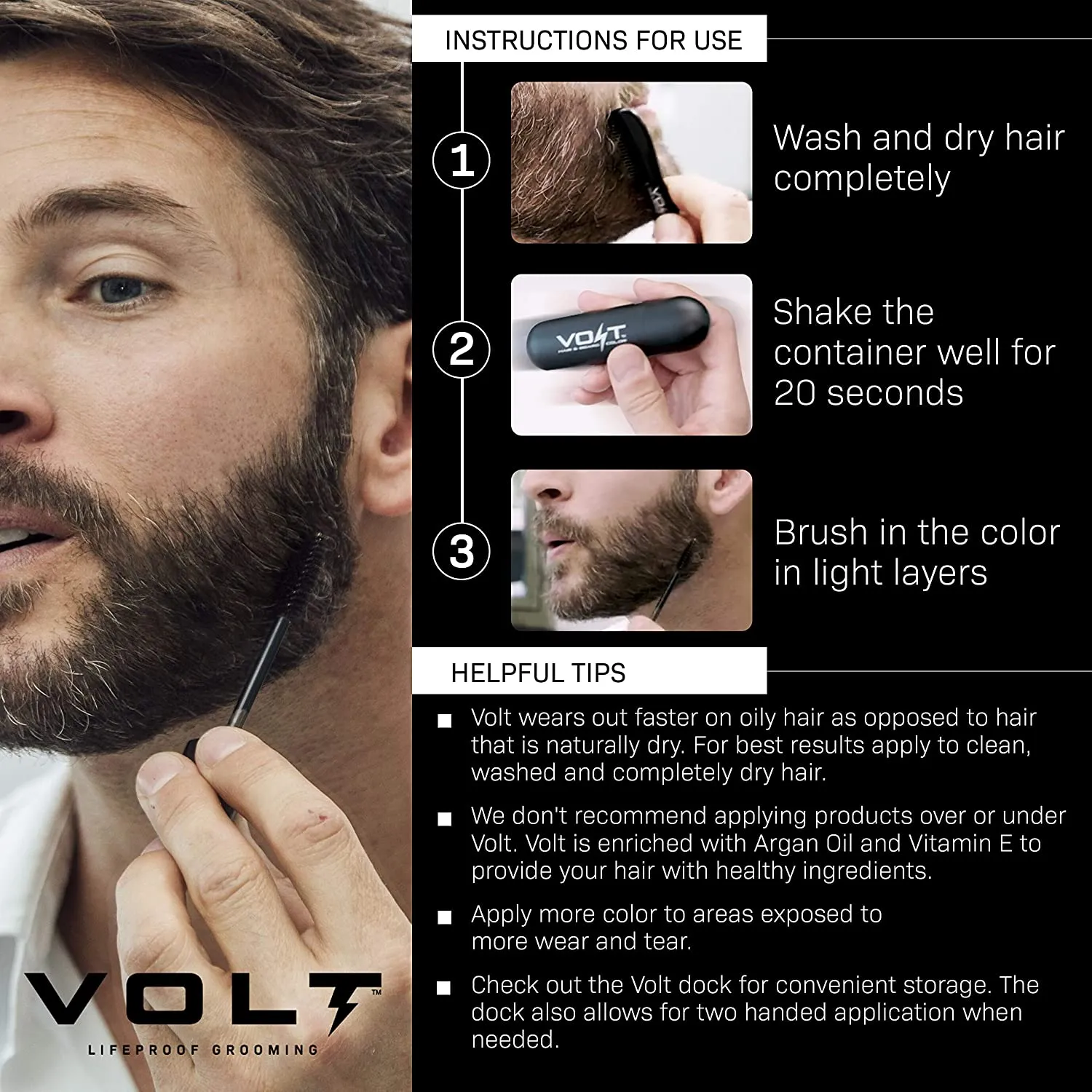 VOLT Grooming Instant Beard Color - Waterproof Quick Drying Brush on Color for Beards and Mustaches, Ash (Gray/Brown)