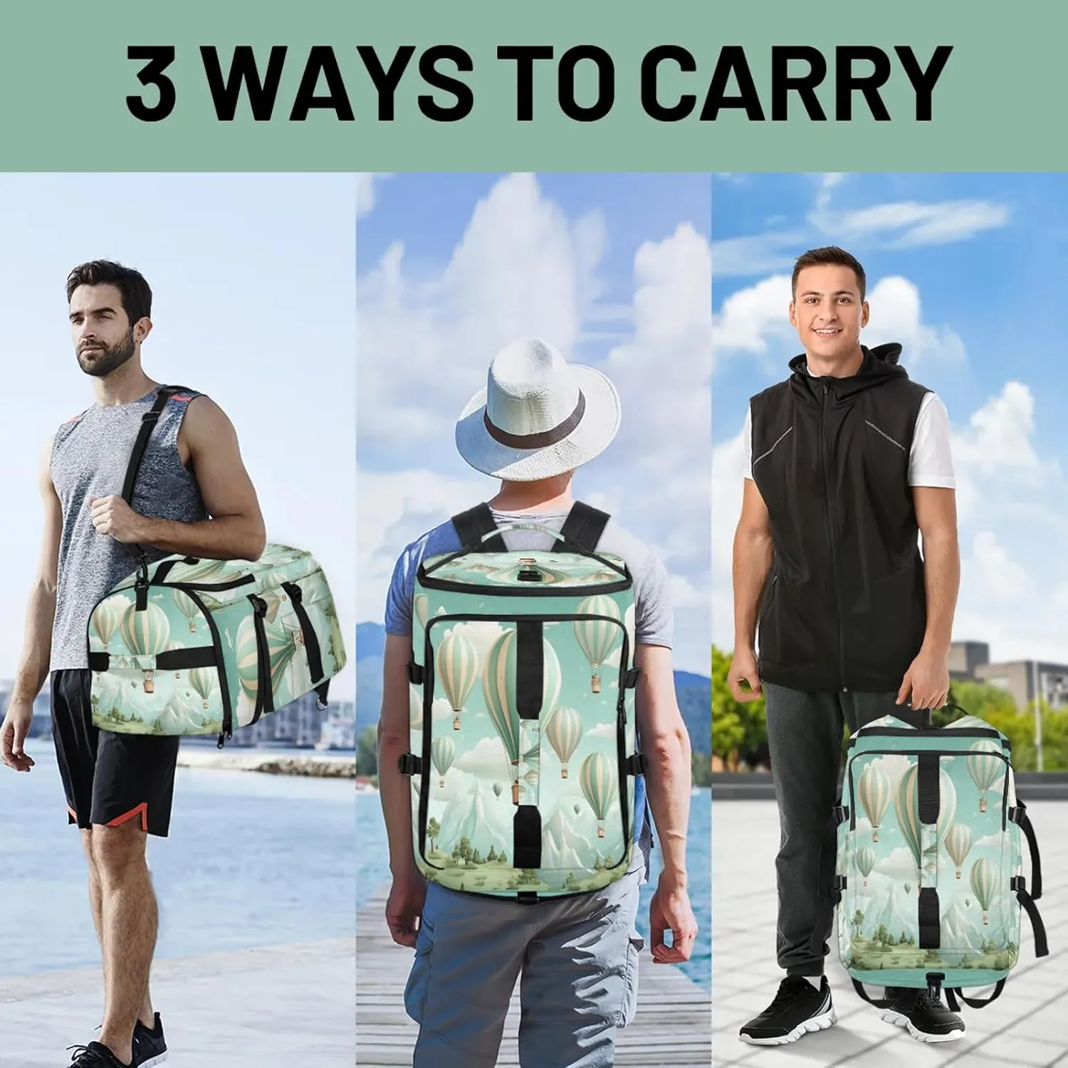 Watercolor Hot Air Balloon Gym Bags for Men Women Sports Backpack with Shoe Compartment 3-in-1 Tactical Duffle Bag for Overnight Weekender Travel